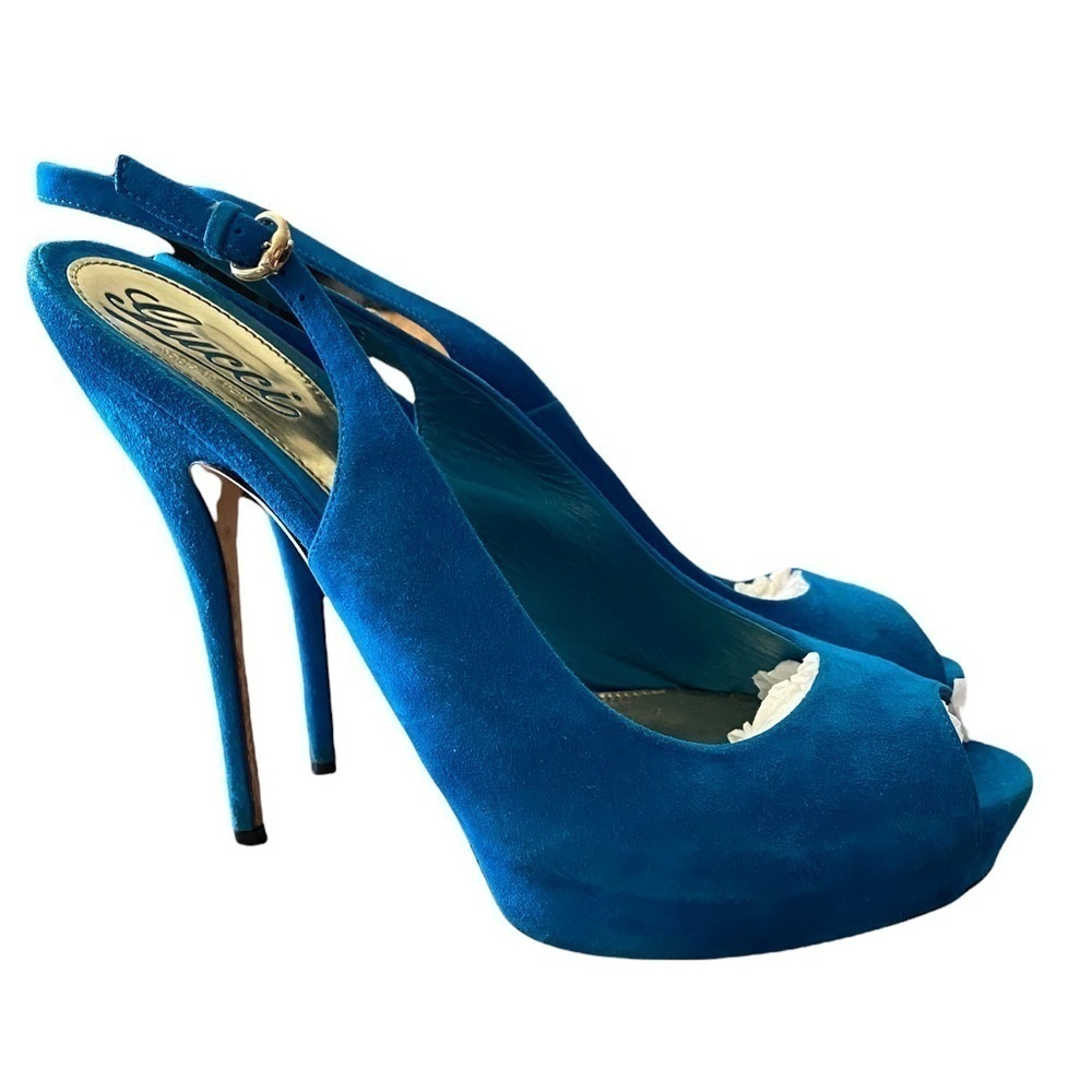 Gucci Riviera Blue Suede Peep Toe Slingback Heels – Size 40 – Made in Italy